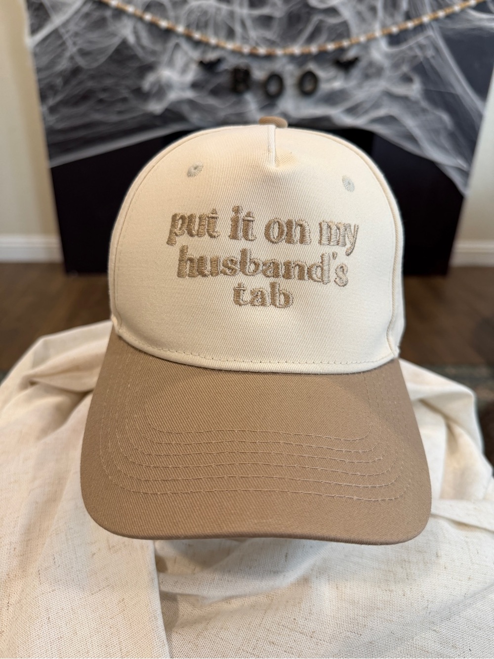 Put It On My Husband's Tab Beige & Cream Baseball Cap